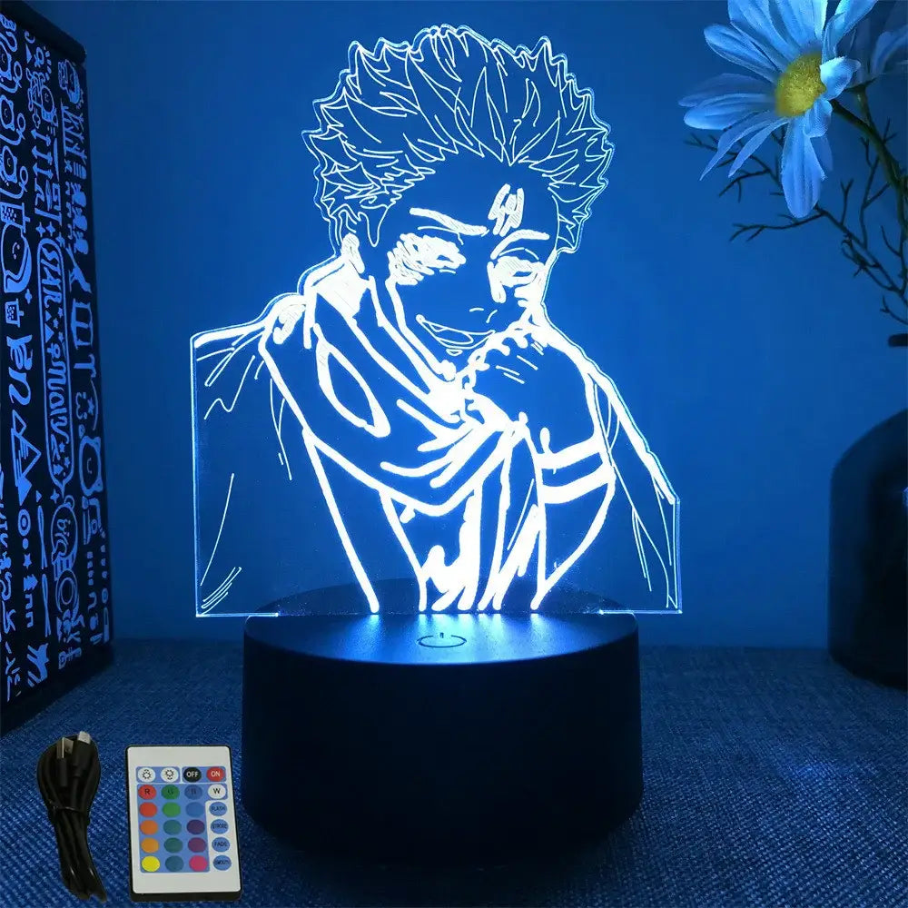 Blue illuminated jujutsu kaisen gojo 3d led lamp with optical acrylic panel and remote control rgb desk light