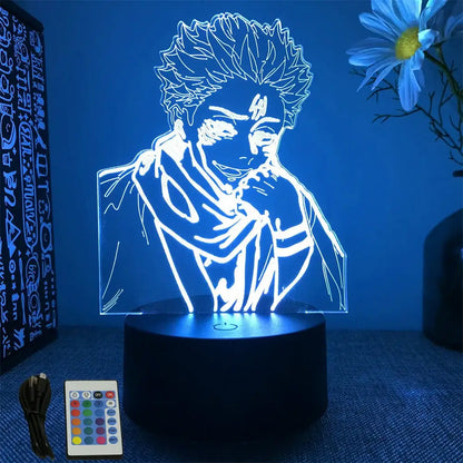 Blue illuminated jujutsu kaisen gojo 3d led lamp with optical acrylic panel and remote control rgb desk light