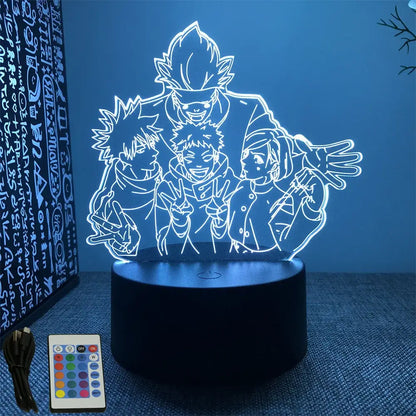 Blue-lit jujutsu kaisen gojo 3d led lamp with remote control and optical acrylic panel featuring my hero academia anime silhouette