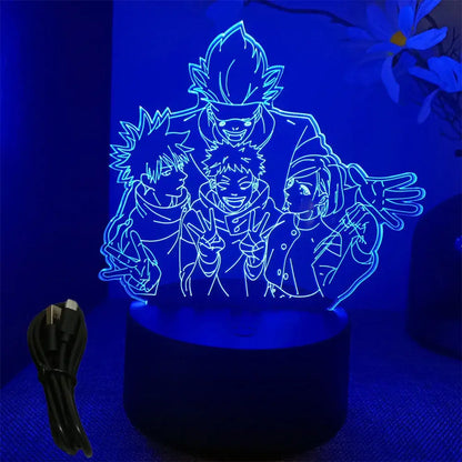 Jujutsu kaisen gojo 3d led lamp with blue-lit acrylic panel and remote control on black base for desktop use