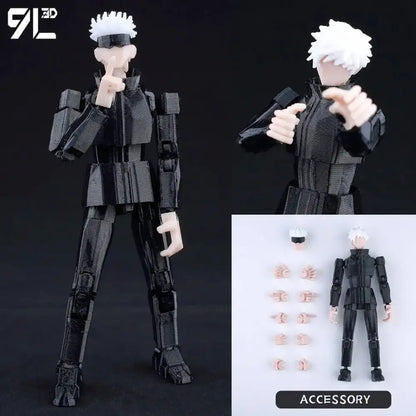 Black 3d-printed jujutsu kaisen gojo articulated figure with white spiky hair and detailed tactical outfit