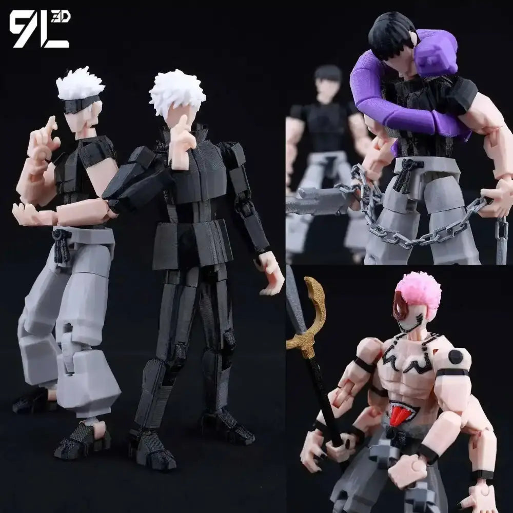 Jujutsu kaisen gojo articulated figure 3d printed model with black gray armor white hair and purple outfit holding chains