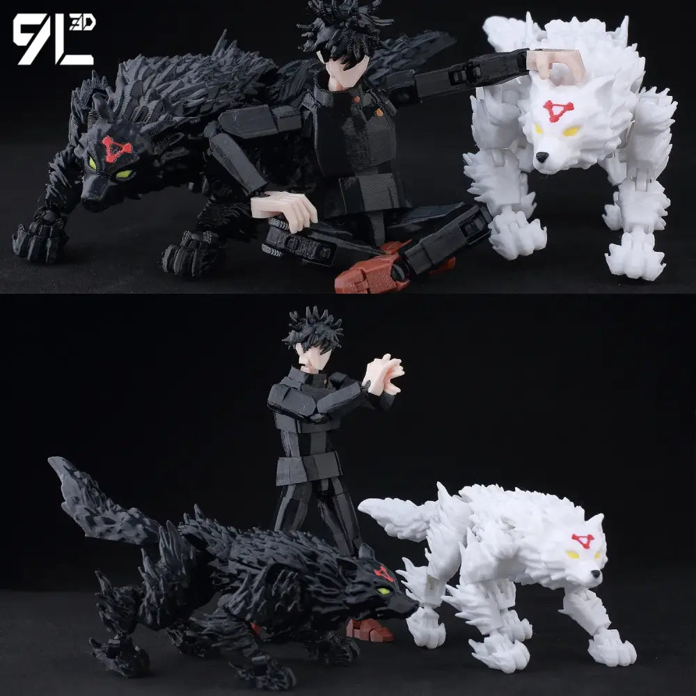 Jujutsu kaisen gojo articulated figure 3d printed with black and white wolf design and red forehead markings