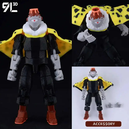 Jujutsu kaisen gojo articulated 3d-printed figure in black and yellow with white ruff, orange helmet, gray limbs, and brown boots