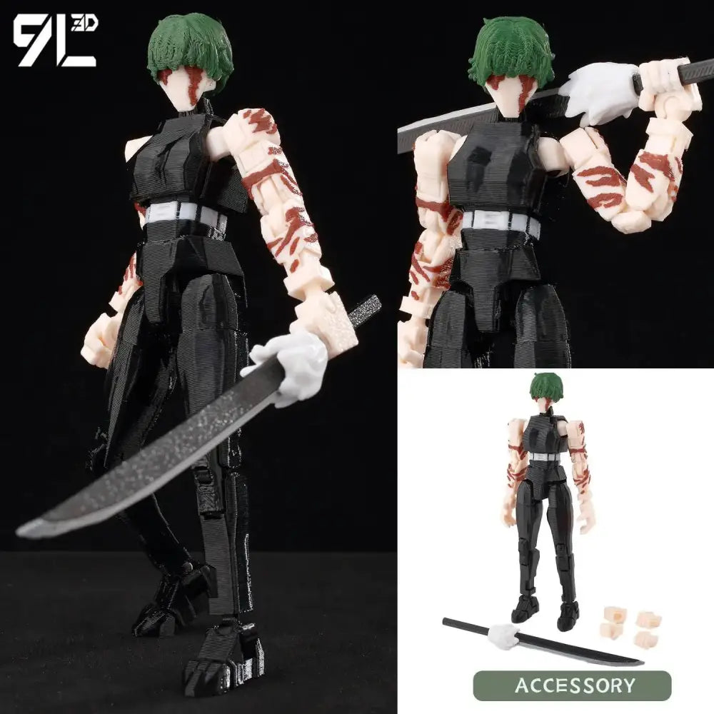 Jujutsu kaisen gojo articulated figure in black and beige with green hair red arm markings holding sword 3d printed model