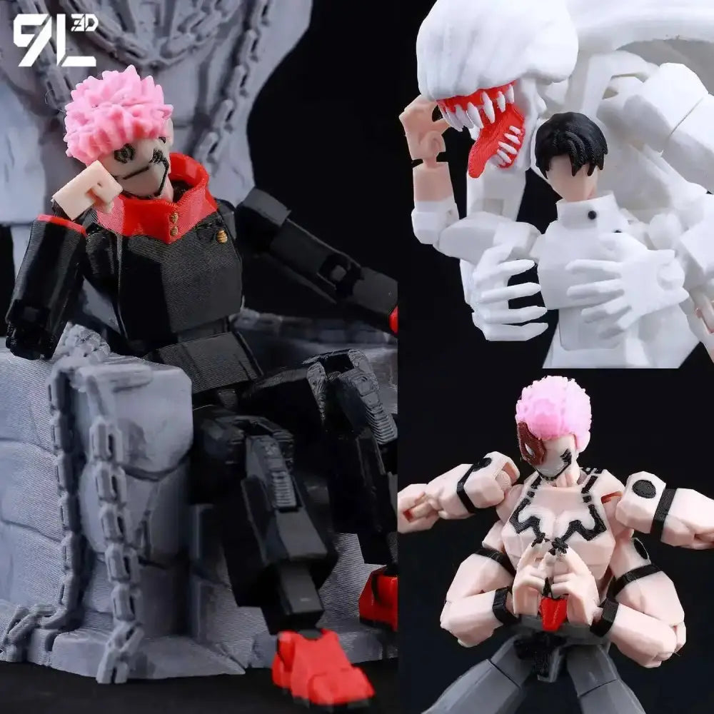 Jujutsu kaisen gojo articulated figure with pink hair black and red outfit posed on gray rocky base 3d printed model