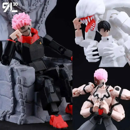 Jujutsu kaisen gojo articulated figure with pink hair black and red outfit posed on gray rocky base 3d printed model