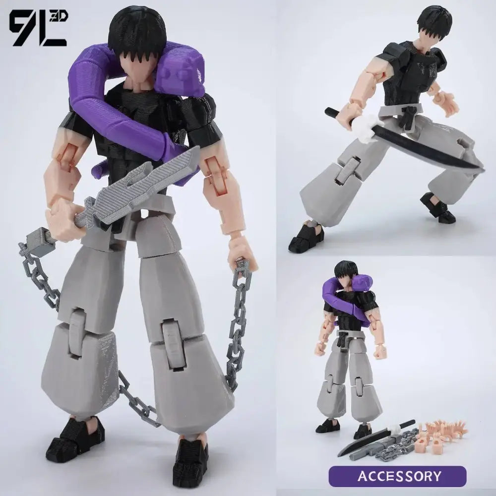 Jujutsu kaisen gojo articulated figure 3d printed model in black and gray with purple armor holding sword and chain accessory