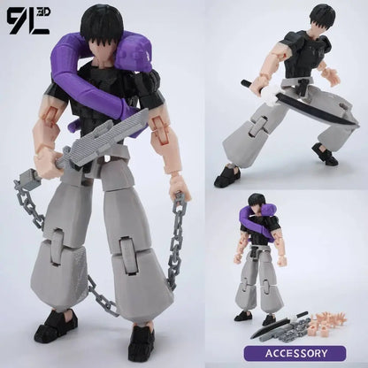 Jujutsu kaisen gojo articulated figure 3d printed model in black and gray with purple armor holding sword and chain accessory