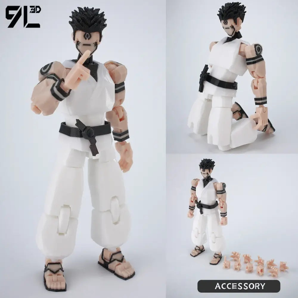 White and black articulated jujutsu kaisen gojo action figure in martial arts uniform with interchangeable hands 3d printed model