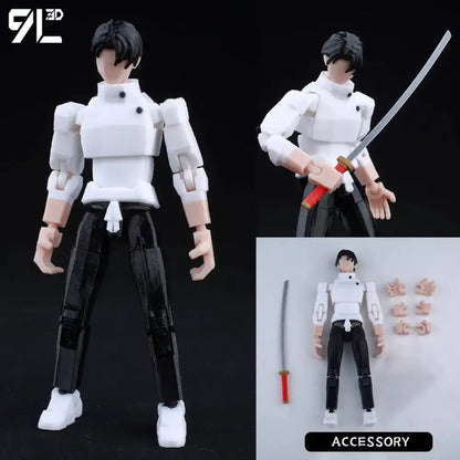 White and black jujutsu kaisen gojo articulated action figure with high-collared white top and black pants 3d printed model