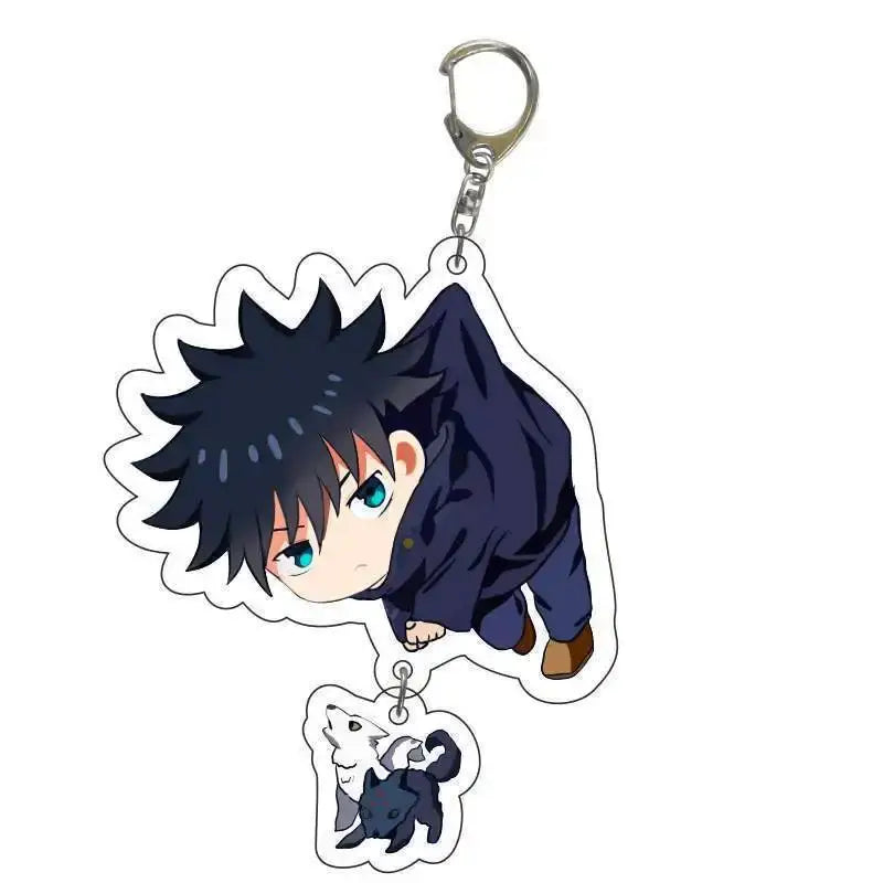 Jujutsu kaisen chibi acrylic keychain featuring spiky black hair character and fox charm in dark navy jacket