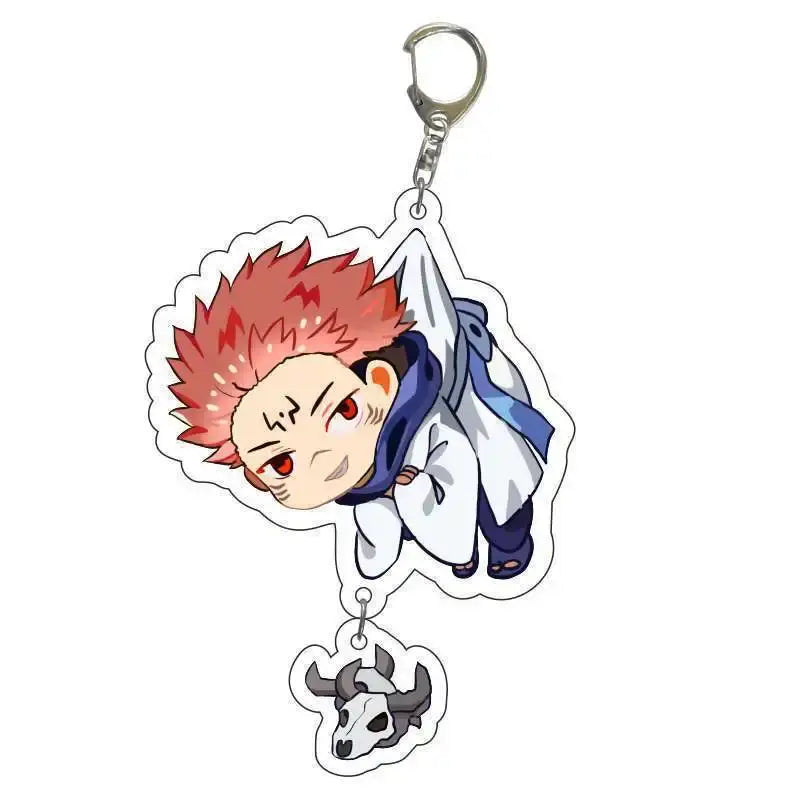 Chibi style jujutsu kaisen acrylic keychain featuring red haired anime character in white robe with blue scarf and gray skull charm
