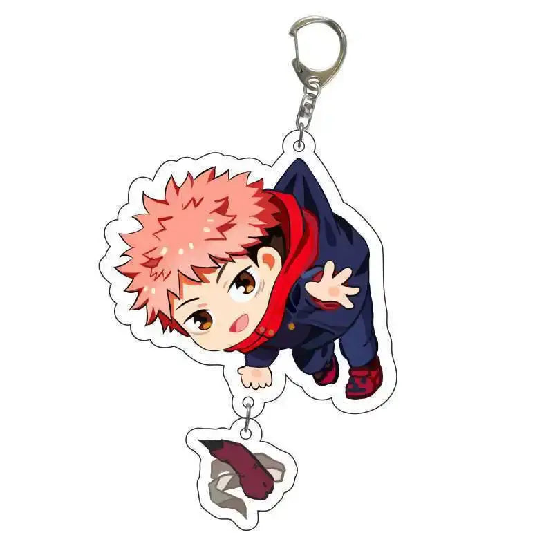 Jujutsu kaisen gojo and geto acrylic keychain featuring a pink-haired character with red scarf and attached purple charm