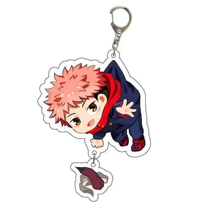 Jujutsu kaisen gojo and geto acrylic keychain featuring a pink-haired character with red scarf and attached purple charm