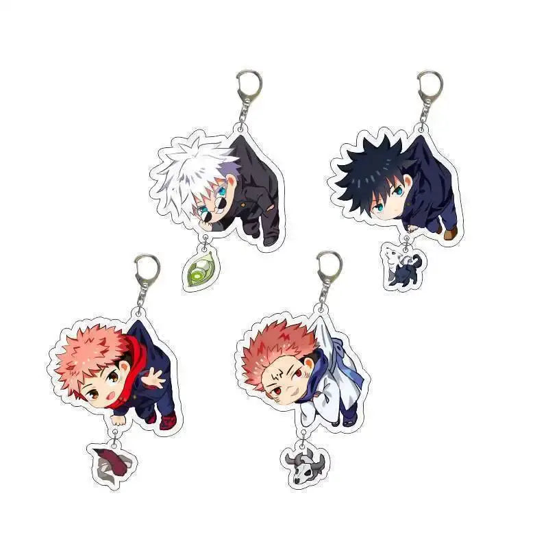 Four jujutsu kaisen chibi acrylic keychains featuring gojo and geto with colorful hair and metal rings