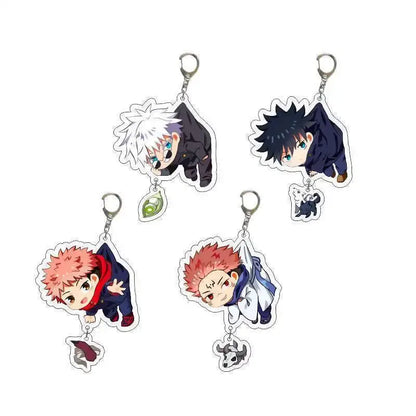 Four jujutsu kaisen chibi acrylic keychains featuring gojo and geto with colorful hair and metal rings