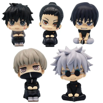 Chibi-style jujutsu kaisen gojo and geto mini figures with black and gray hair in glossy plastic opp bag packaging