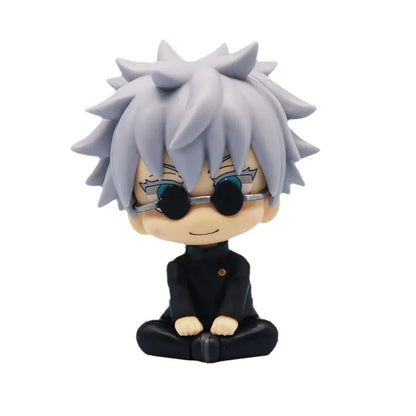 Chibi jujutsu kaisen gojo mini figure with spiky silver hair black sunglasses black uniform in opp bag packaging