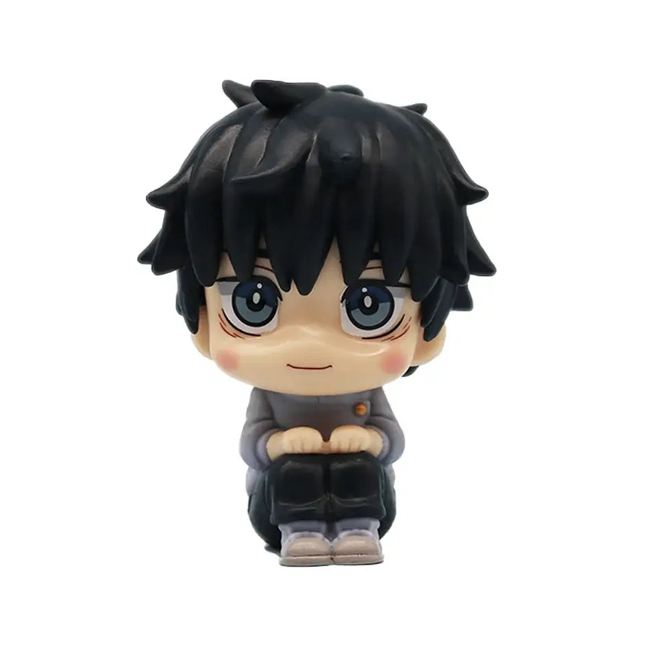 Jujutsu kaisen black-haired chibi anime figure with blue eyes wearing gray jacket and dark pants in opp bag packaging