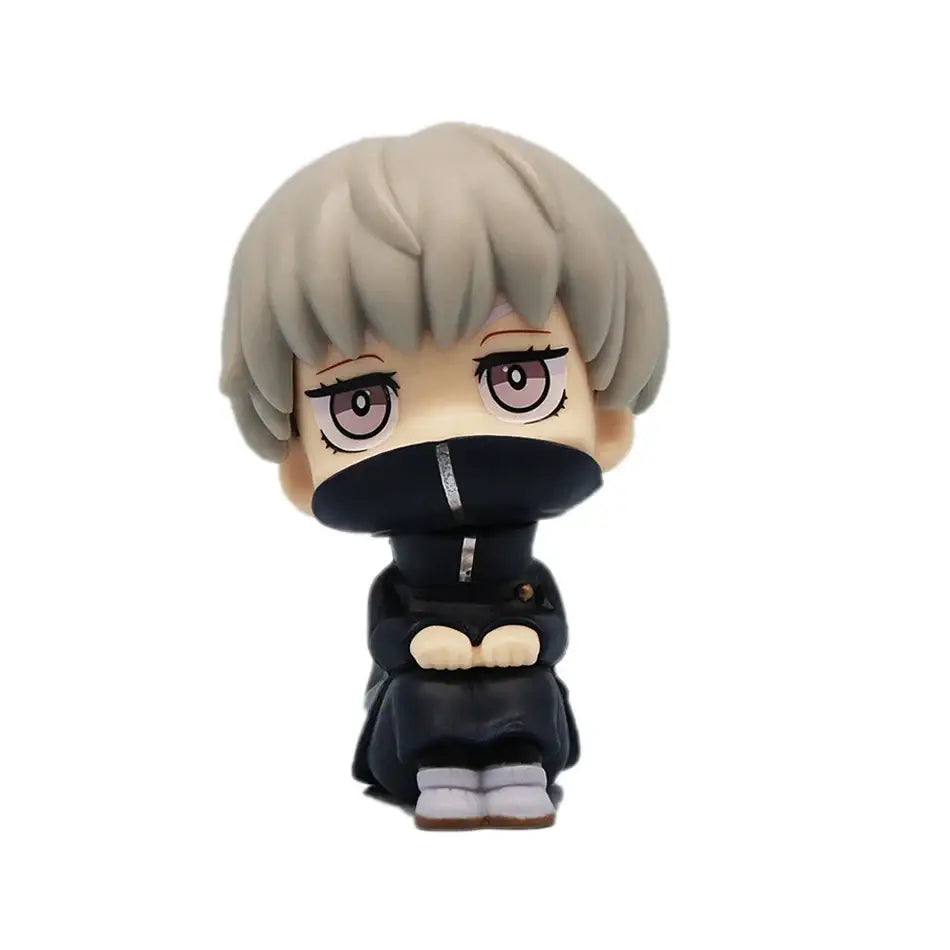 Chibi-style jujutsu kaisen gojo mini figure with short silver hair black mask and outfit in opp bag packaging