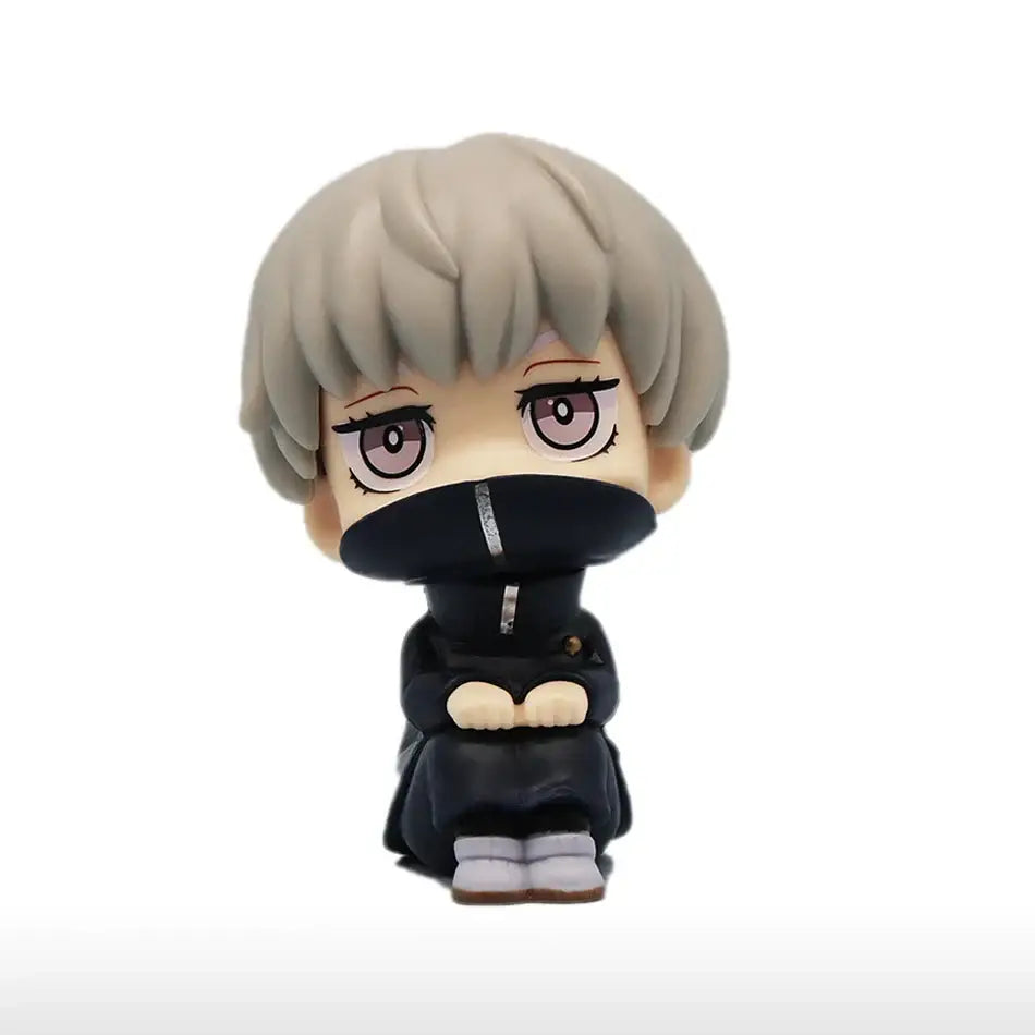 Chibi-style jujutsu kaisen gojo mini figure with silver hair and black mask in opp bag packaging 10cm q-version