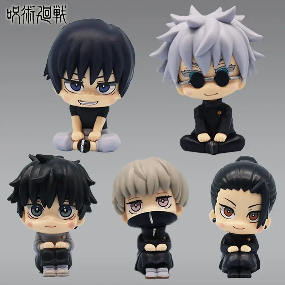 Jujutsu kaisen gojo and geto chibi mini figures with detailed black and gray hair in glossy plastic opp bag packaging