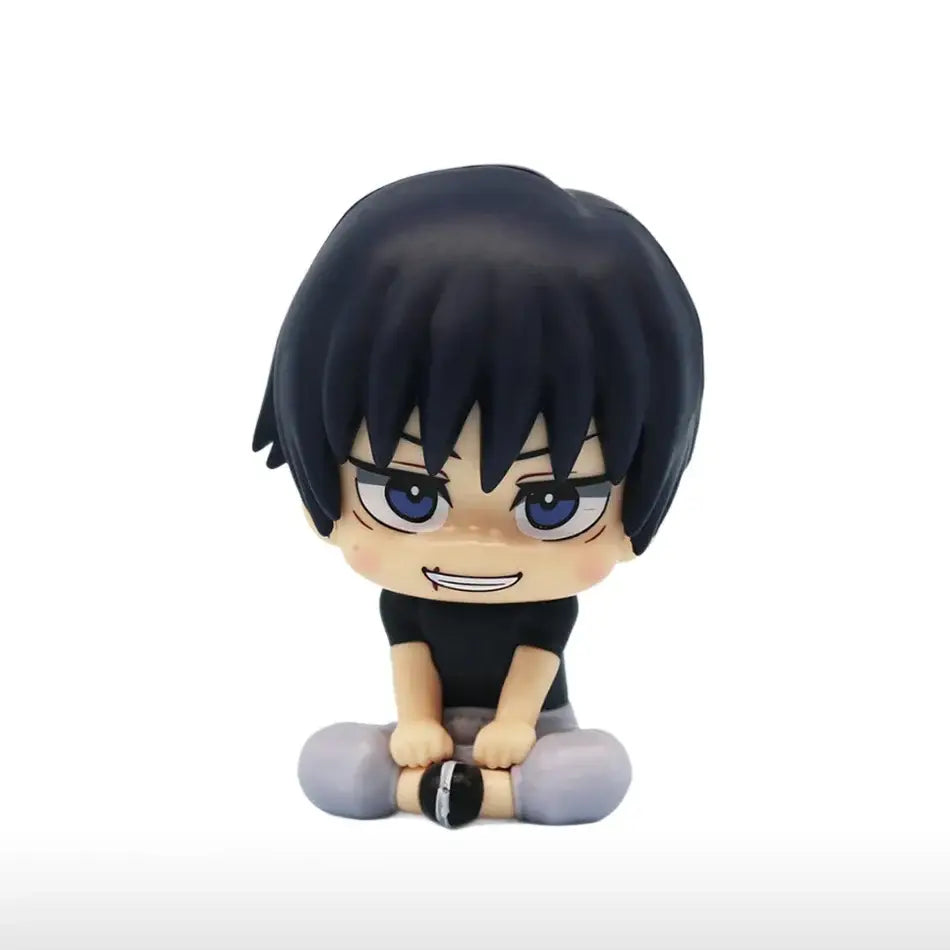 Chibi-style jujutsu kaisen mini figure with short black hair blue eyes wearing black shirt and gray pants in opp bag