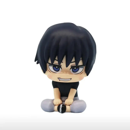 Chibi-style jujutsu kaisen mini figure with short black hair blue eyes wearing black shirt and gray pants in opp bag
