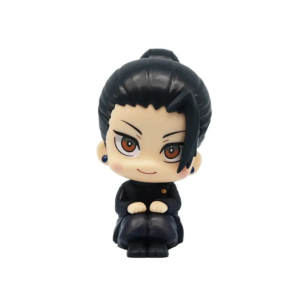 Chibi-style jujutsu kaisen gojo and geto mini figure with black topknot hair and brown eyes in opp bag packaging