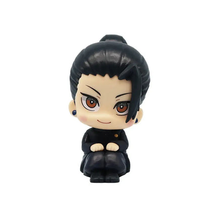 Chibi-style jujutsu kaisen gojo and geto mini figure with black topknot hair and brown eyes in opp bag packaging