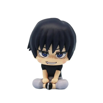 Chibi-style jujutsu kaisen gojo mini figure with short black hair blue eyes black shirt gray pants in opp bag packaging