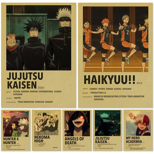 Set of six vintage-style anime jujutsu kaisen kraft paper posters for unique wall decor and nostalgic room design
