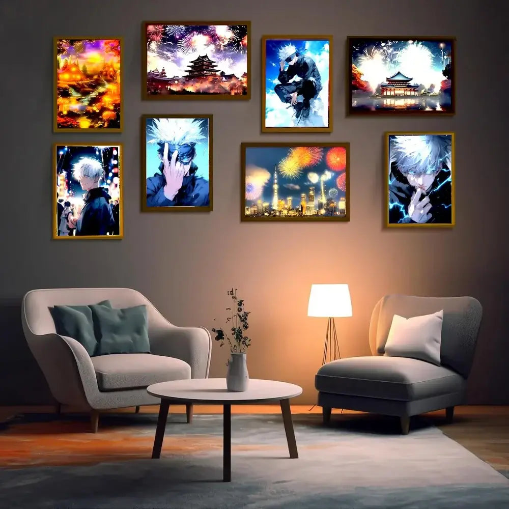 The jujutsu kaisen gojo led photo frame features light painting decor on a sleek round white coffee table with dark wooden legs