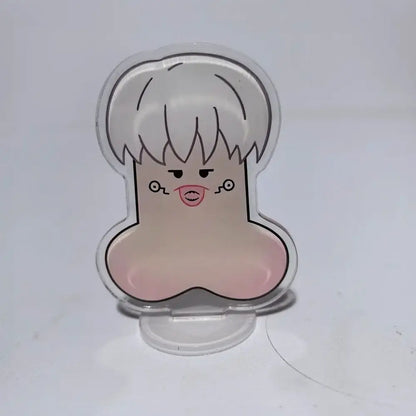 Clear acrylic jujutsu kaisen mini stand featuring a white-haired cartoon character with pink blush cheeks and black details