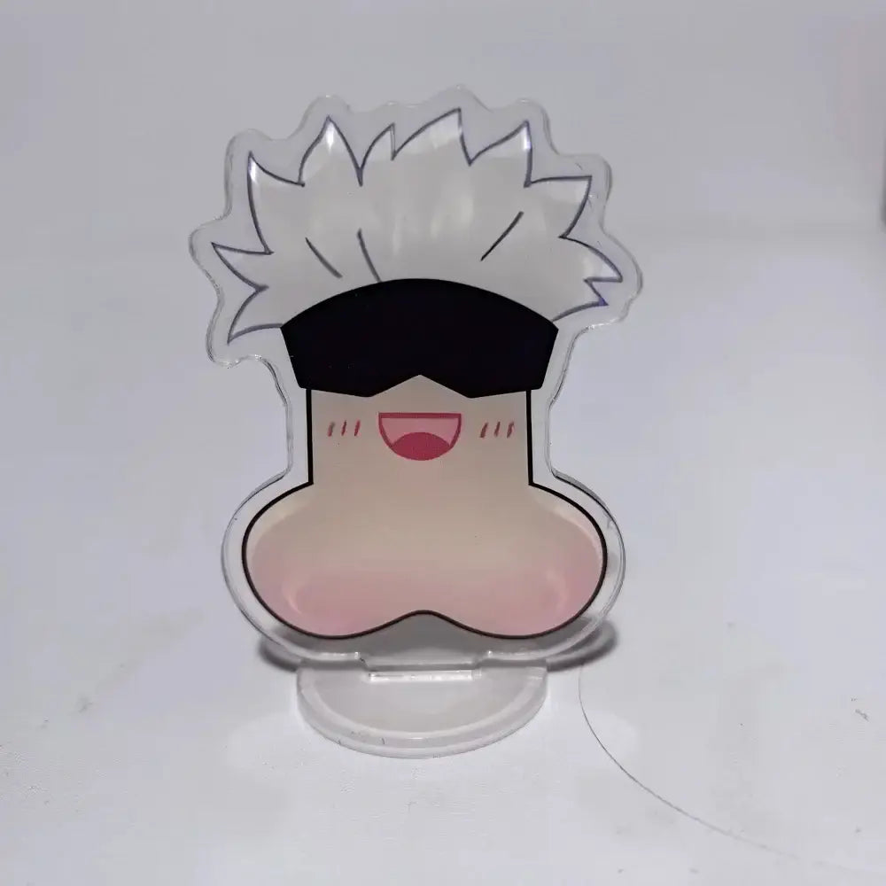 Clear acrylic jujutsu kaisen mini stand featuring a cartoon character with spiky white hair and black sunglasses