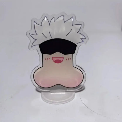 Clear acrylic jujutsu kaisen mini stand featuring a cartoon character with spiky white hair and black sunglasses