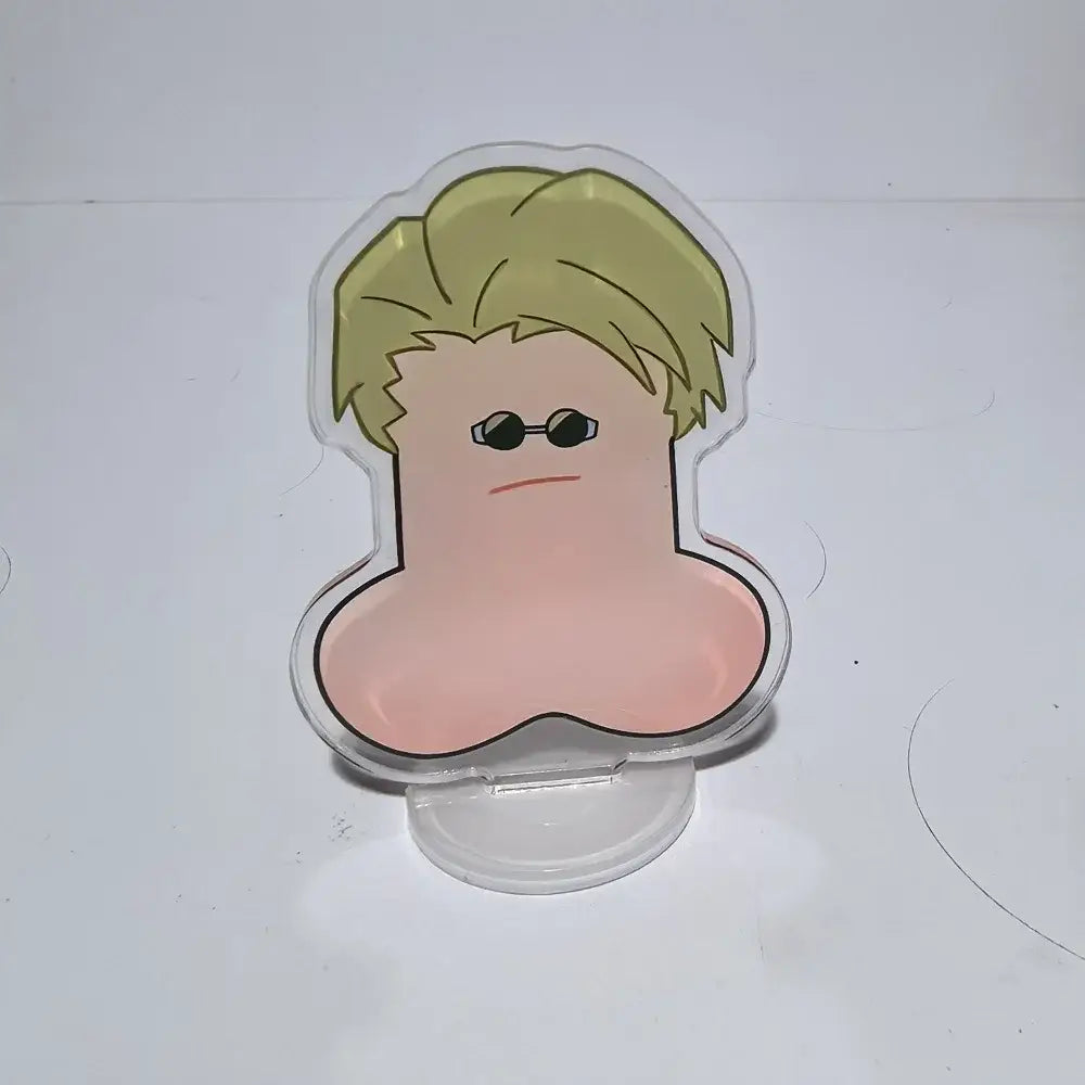 Clear acrylic jujutsu kaisen mini stand featuring a cartoon character with blonde hair and sunglasses