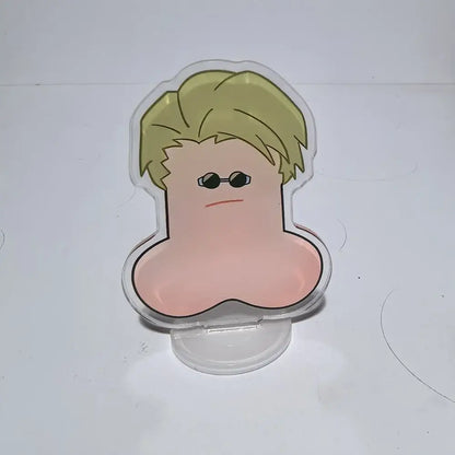 Clear acrylic jujutsu kaisen mini stand featuring a cartoon character with blonde hair and sunglasses