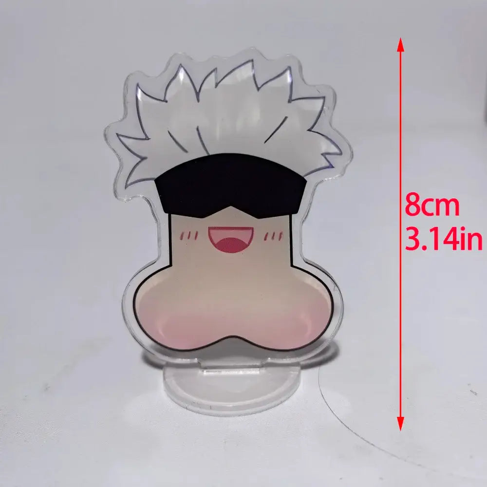 Clear acrylic jujutsu kaisen mini stand featuring cartoon character with spiky white hair black sunglasses and pink cheeks