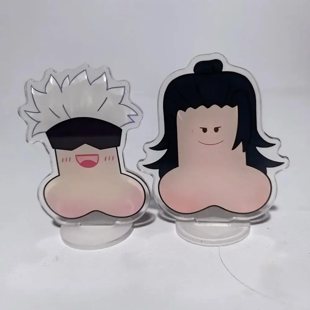 Clear acrylic jujutsu kaisen mini stand with smiling gojo white hair and nanami black hair cartoon characters