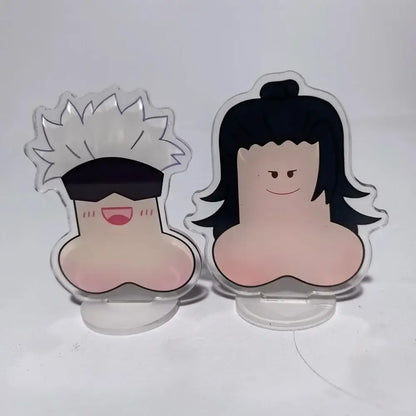 Clear acrylic jujutsu kaisen mini stand with smiling gojo white hair and nanami black hair cartoon characters