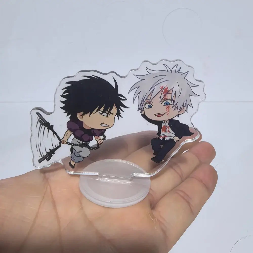 Clear acrylic stand featuring jujutsu kaisen chibi characters in compact 8cm size for desktop display