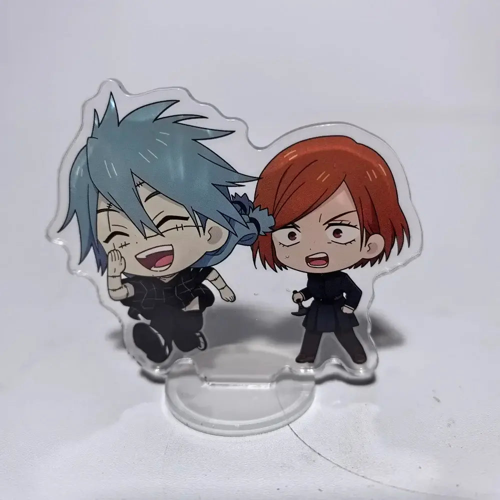 Clear acrylic stand with jujutsu kaisen chibi characters in black outfits featuring blue and red hair compact 8cm mini ornament