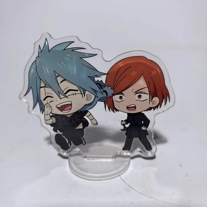 Clear acrylic stand with jujutsu kaisen chibi characters in black outfits featuring blue and red hair compact 8cm mini ornament
