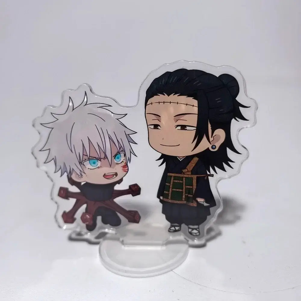 Clear acrylic stand featuring chibi jujutsu kaisen characters gojo and nanami in a compact 8cm mini ornament
