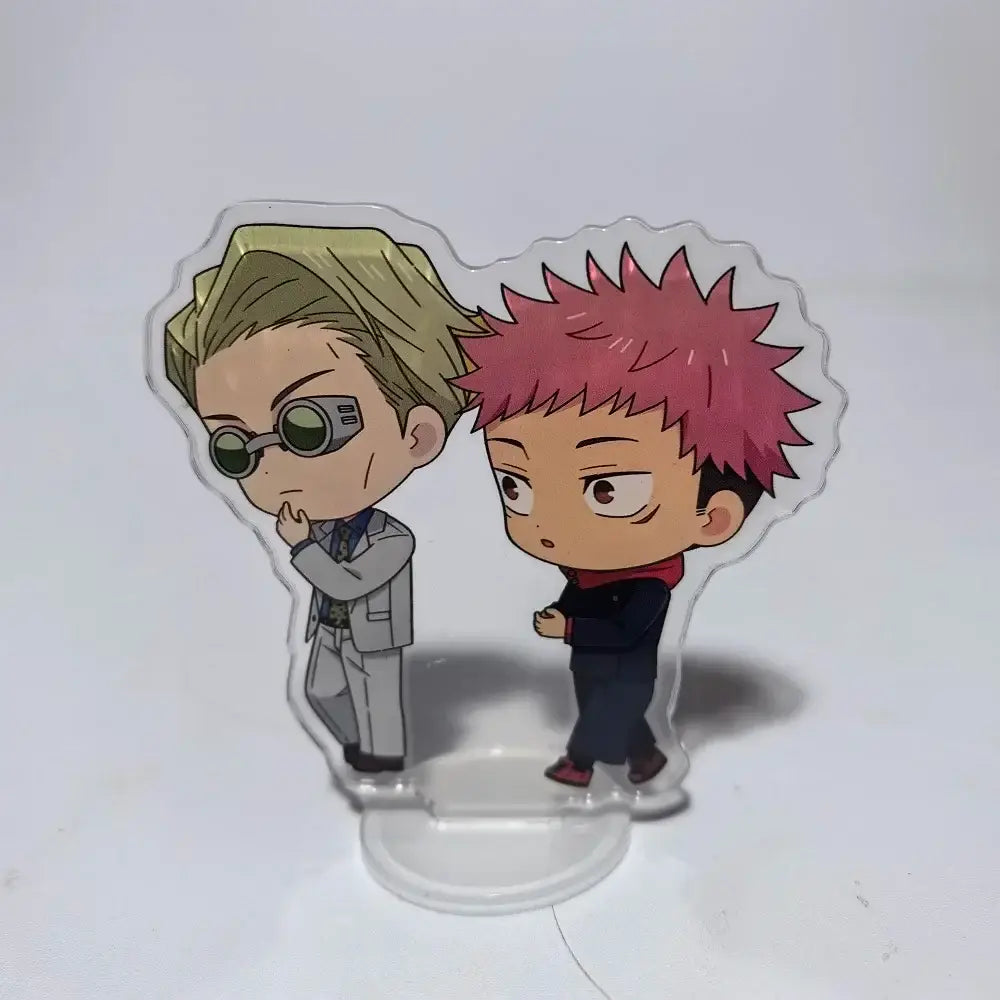 Jujutsu kaisen clear acrylic stand featuring two chibi characters in gray and dark outfits compact 8cm mini ornament