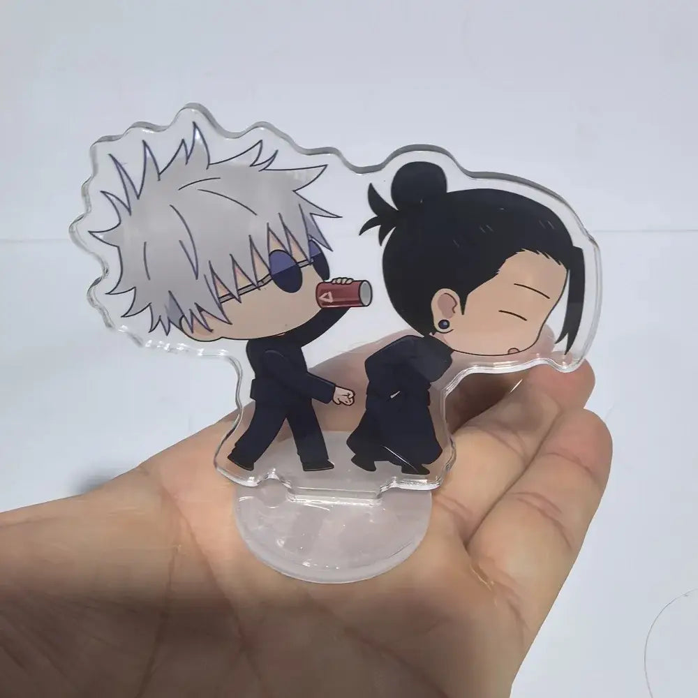 Clear acrylic stand featuring chibi jujutsu kaisen characters gojo and nanami compact 8cm mini ornament