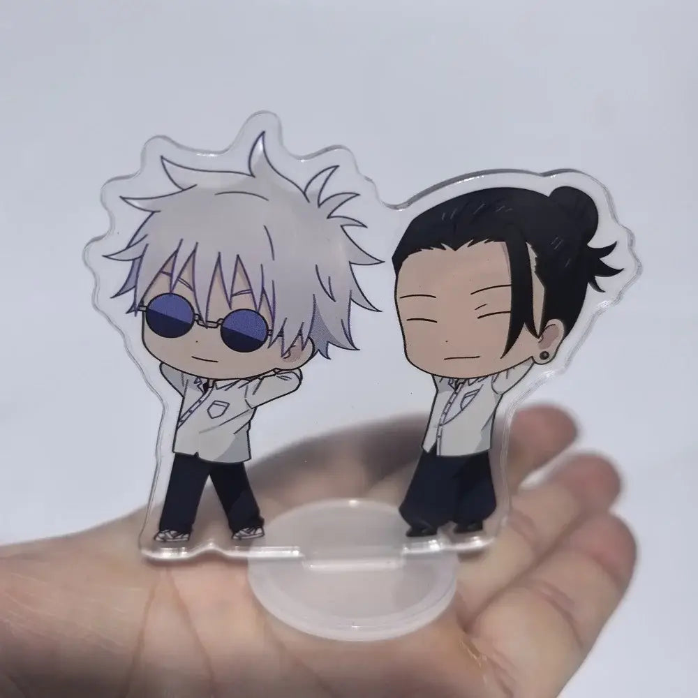 Clear acrylic stand featuring jujutsu kaisen chibi characters gojo and nanami compact 8cm mini ornament