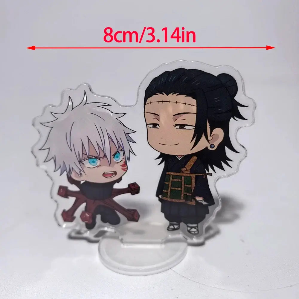 Clear acrylic stand featuring chibi jujutsu kaisen characters gojo and nanami in compact 8cm mini ornament